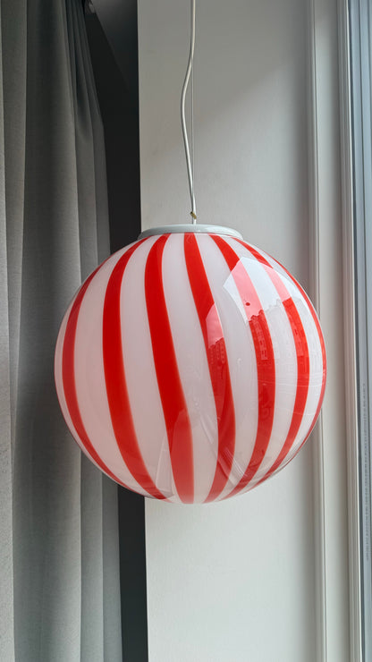 Murano round bolche pendant with red vertical bars, 40 cm