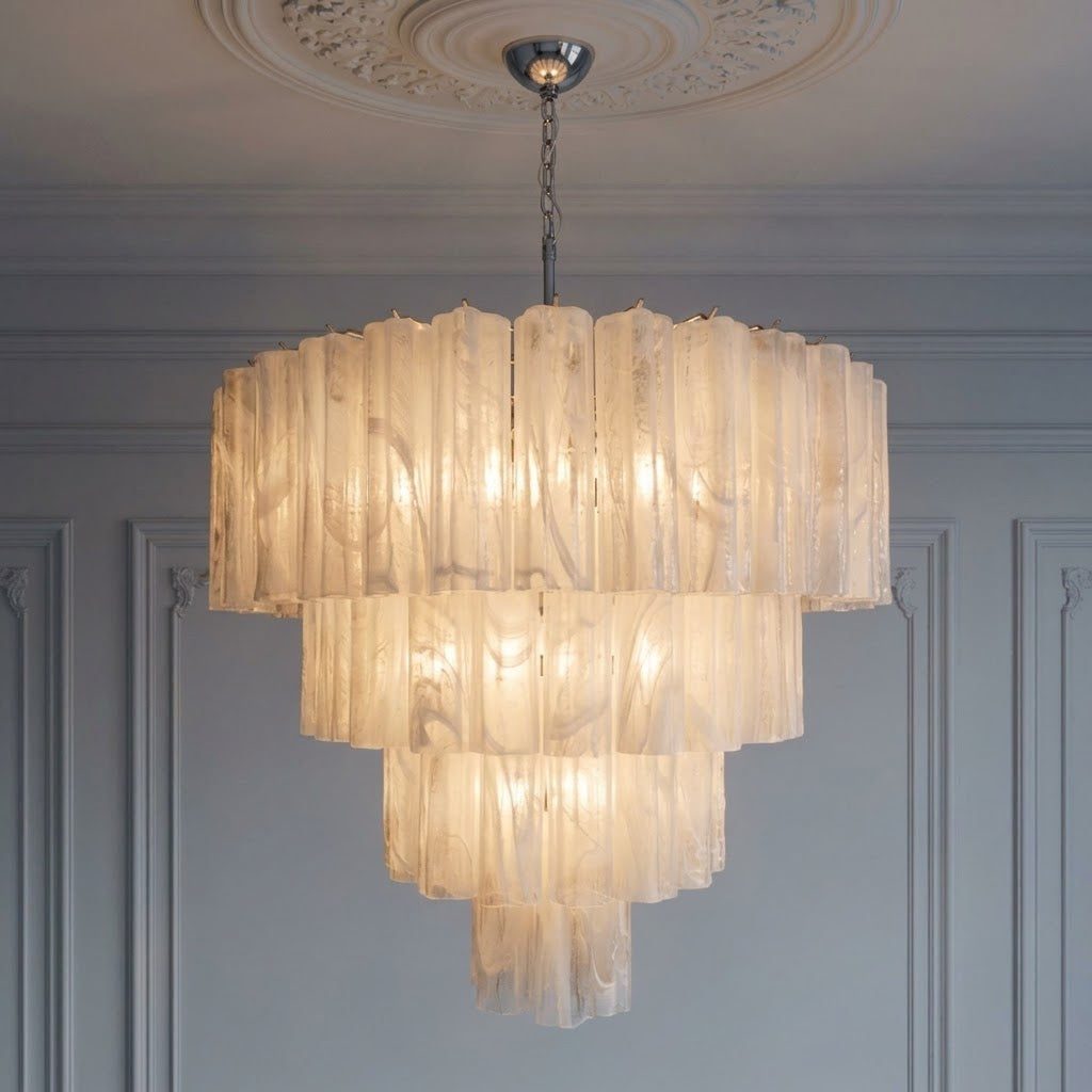 Murano lysekrone | Tuber | 78 glas | Hvid alabaster
