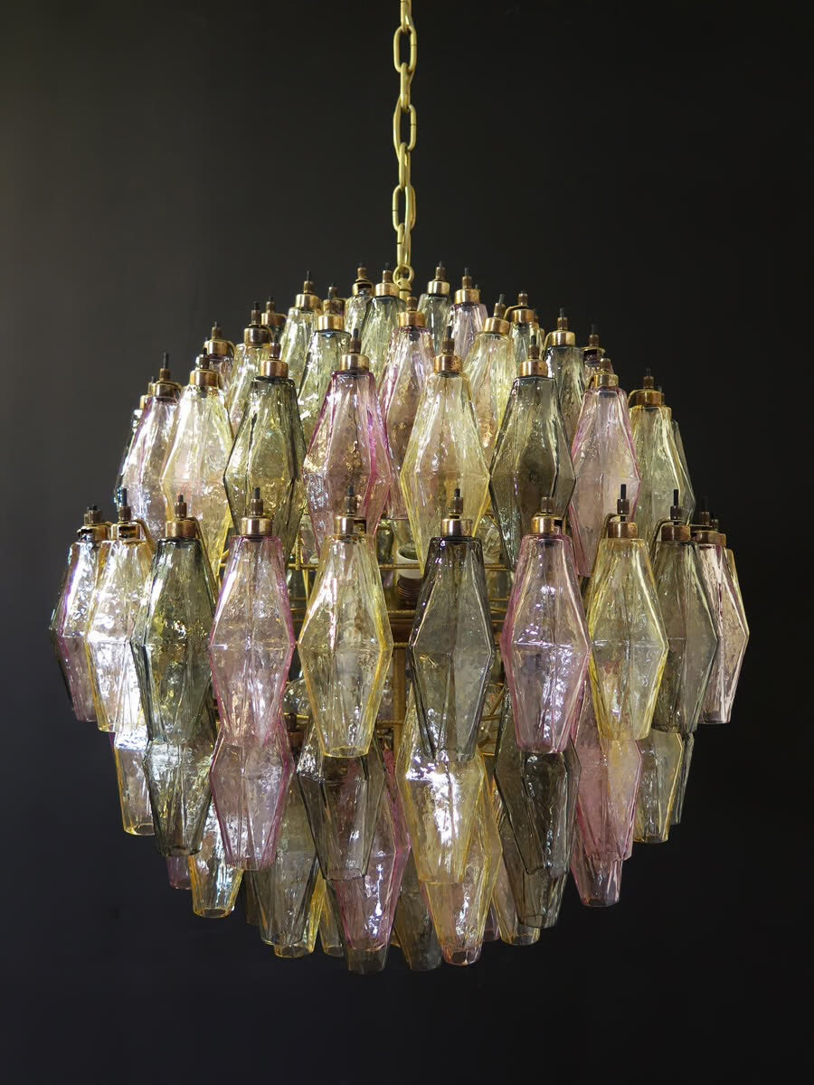 Murano lysekrone | Poliedri | 140 glas | Grøn/lyserød/gul