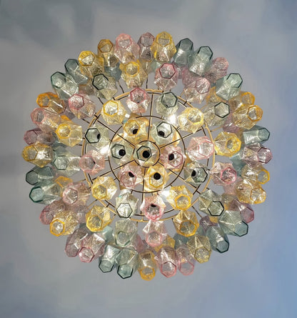 Murano lysekrone | Poliedri | 107 glas | Grøn/lyserød/gul