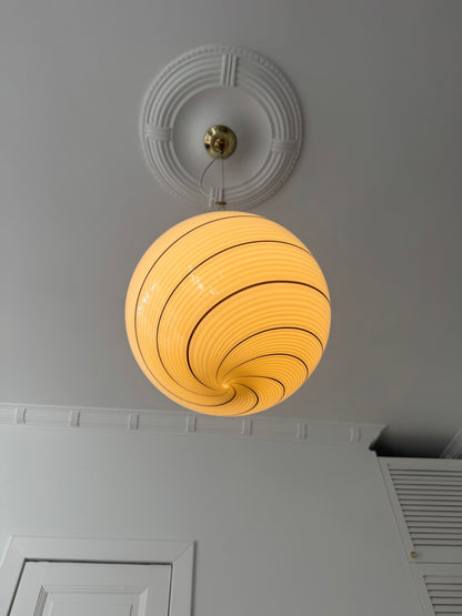 Vintage cream-yellow pendant lamp with brown swirl, 35 cm