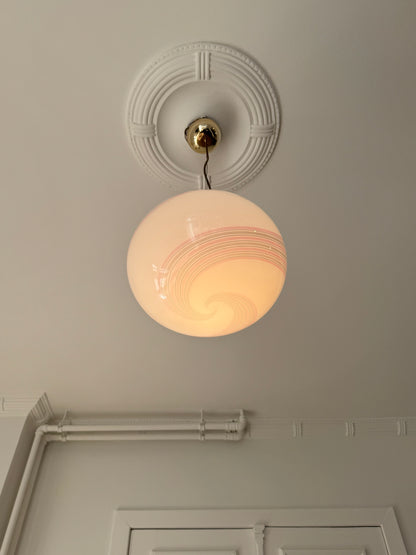 Vintage Murano white pendant with pink swirl and brass top, 35 cm 