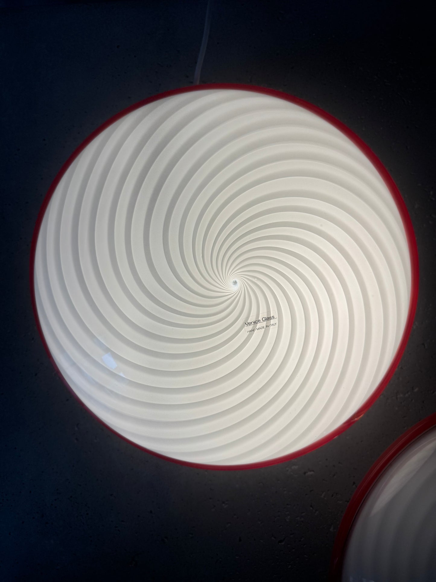 Beautiful Murano ceiling lamp with white swirl and red edge, 40 cm