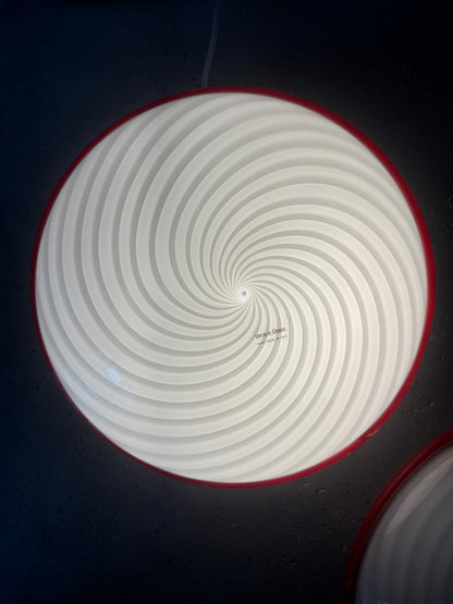 Beautiful Murano ceiling lamp with white swirl and red edge, 40 cm