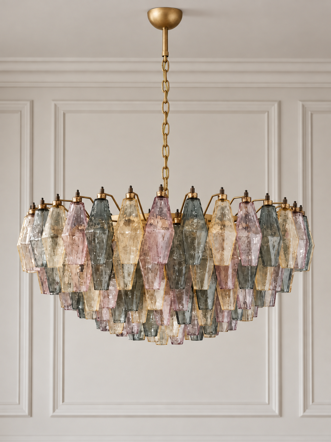 Murano chandelier | Poliedri | 185 glasses | Green/pink/yellow