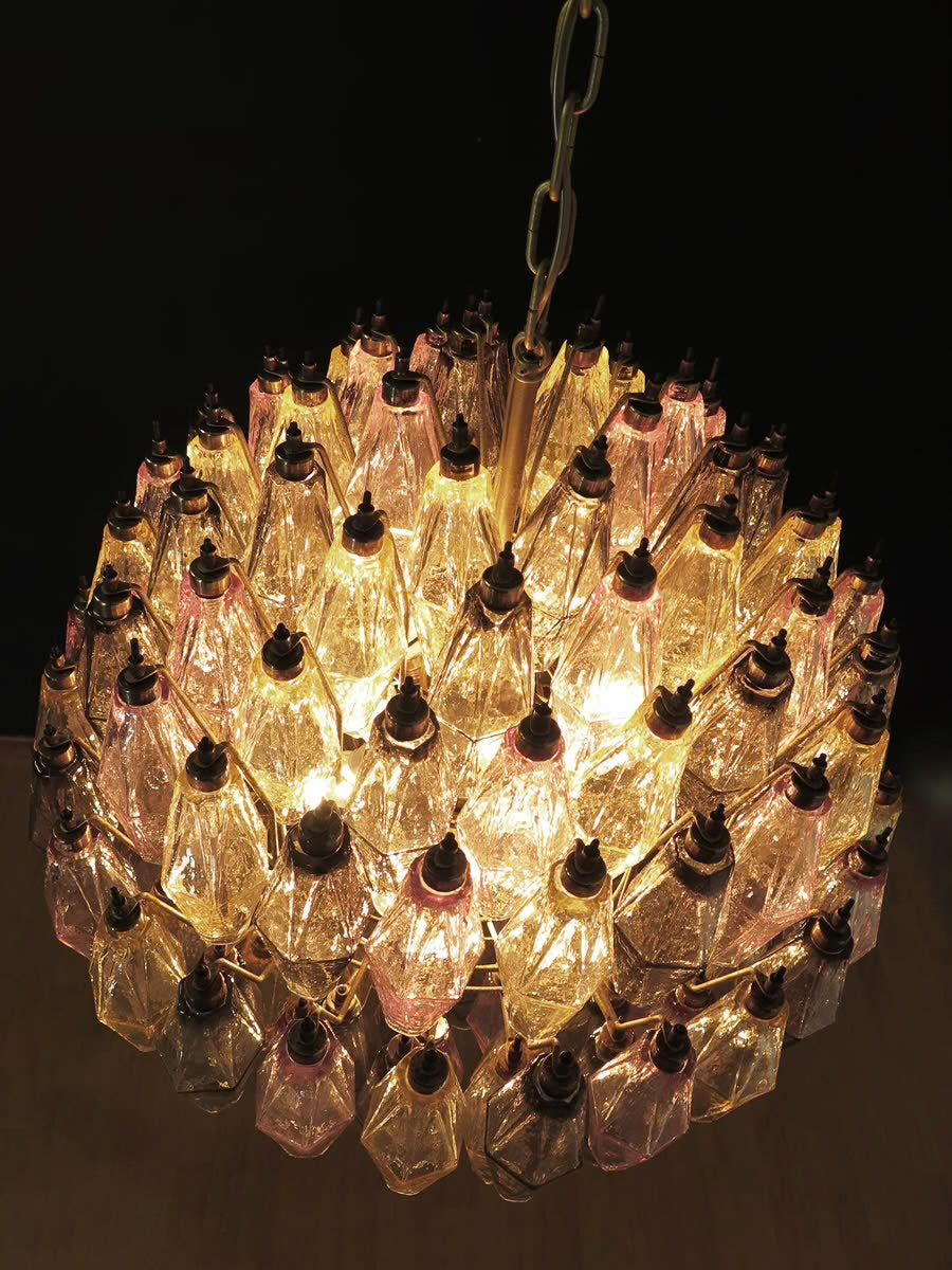 Murano lysekrone | Poliedri | 140 glas | Grøn/lyserød/gul
