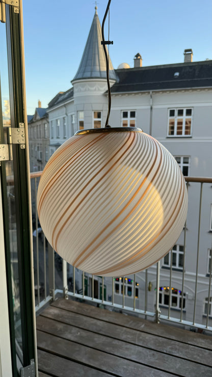 Murano transparent pendant, orange/gold and white swirl, 40 cm