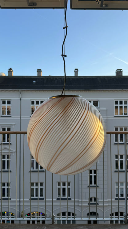 Murano transparent pendant, orange/gold and white swirl, 40 cm