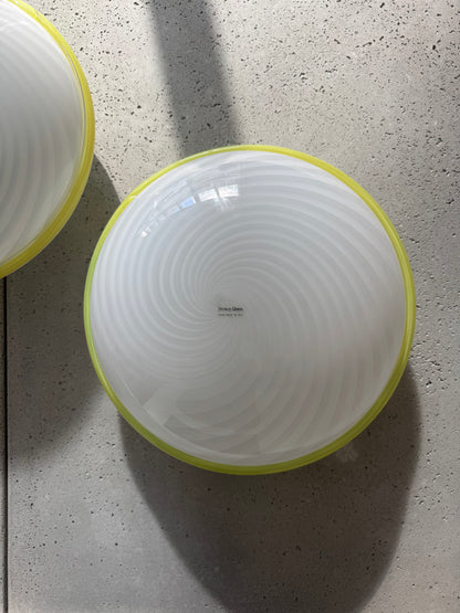 Beautiful Murano ceiling lamp with white swirl and yellow edge, 40 cm