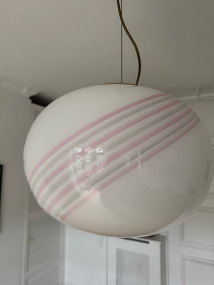 Vintage Murano hvid pendel med lyserød swirl, 40 cm