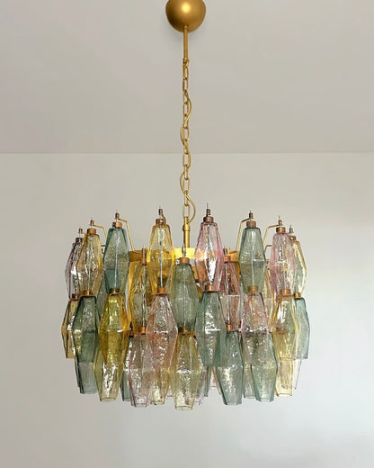 Murano lysekrone | Poliedri | 107 glas | Grøn/lyserød/gul