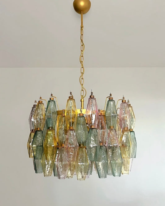 Murano lysekrone | Poliedri | 107 glas | Grøn/lyserød/gul