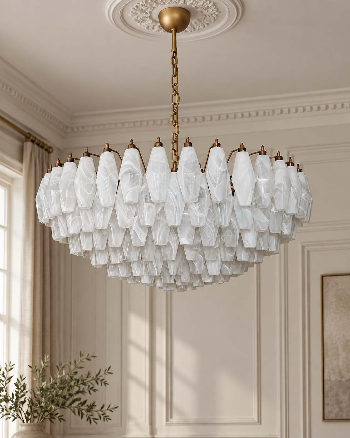 Murano chandelier | Poliedri | 185 glasses | White alabaster