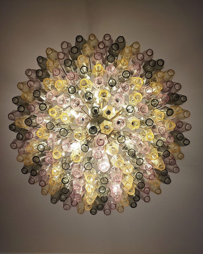 Murano chandelier | Poliedri | 185 glasses | Green/pink/yellow