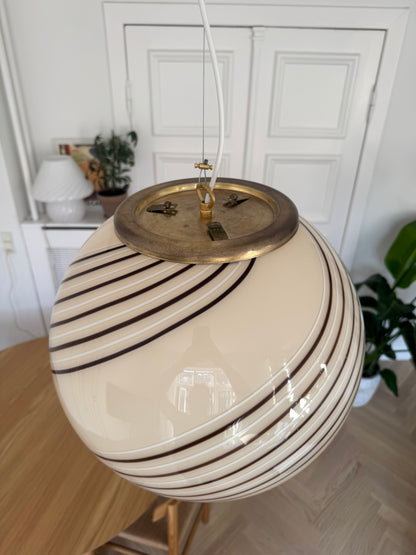 Vintage Murano cream pendant with brown swirl, 40 cm