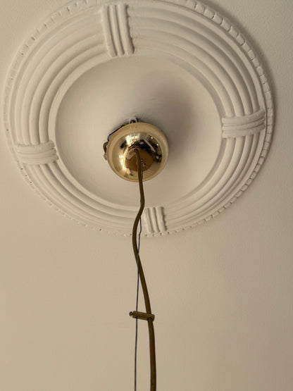 Vintage Murano white pendant with pink swirl and brass top, 35 cm 