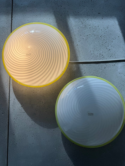 Beautiful Murano ceiling lamp with white swirl and yellow edge, 40 cm
