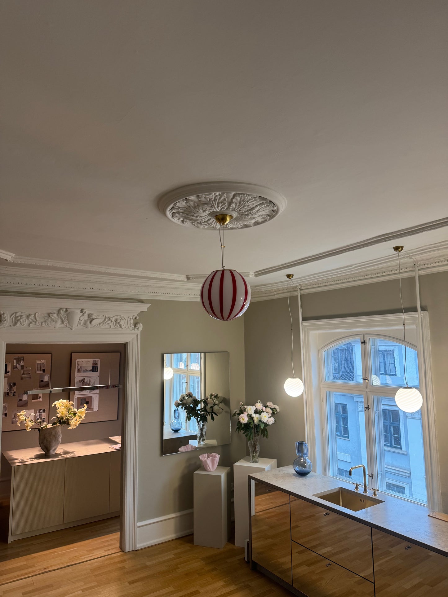 Murano candy pendel rød/hvid swrl, 30 cm