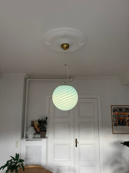 Murano round pendant with blue swirl and brass top, 30 cm