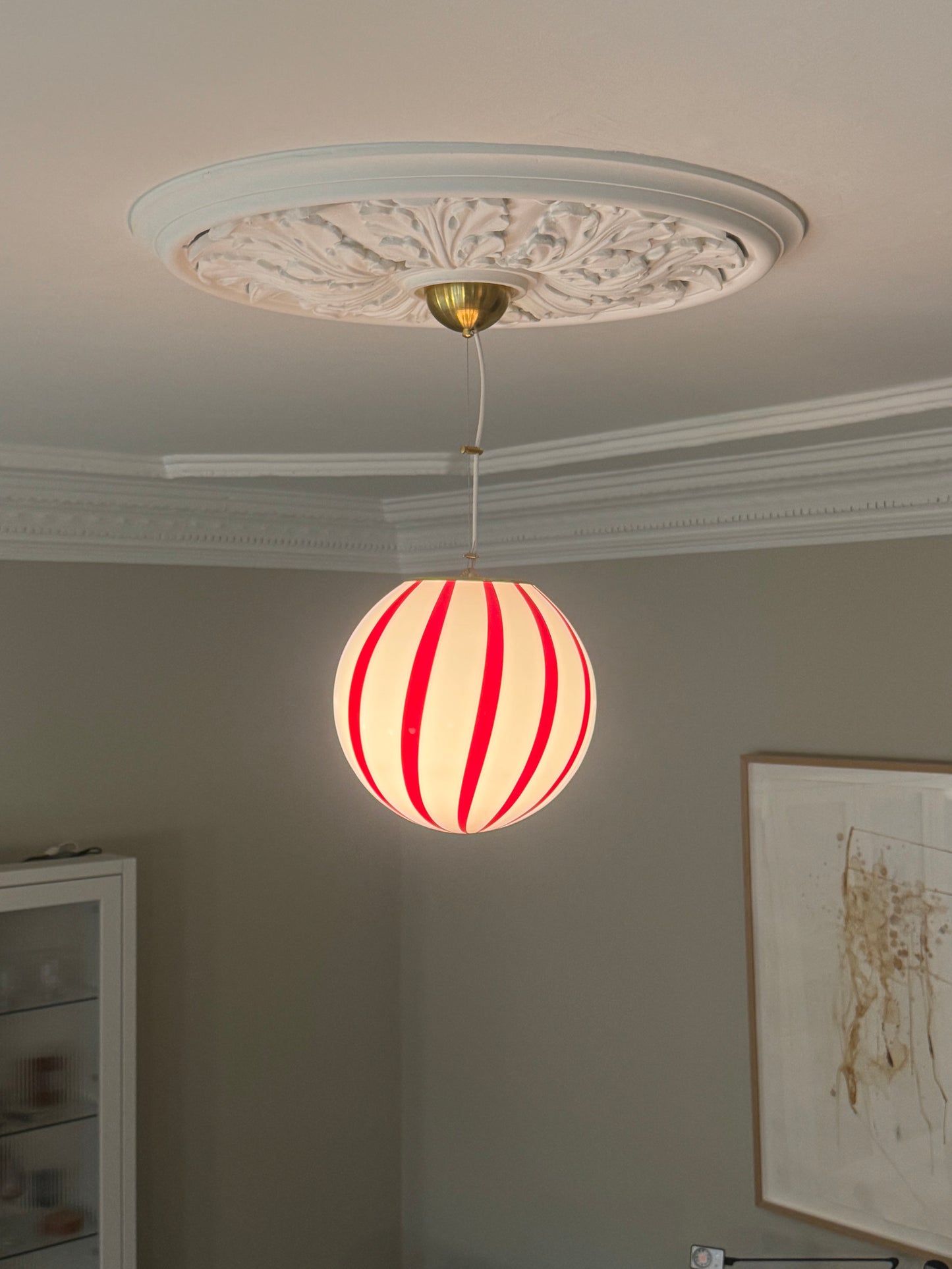 Murano candy pendel rød/hvid swrl, 30 cm