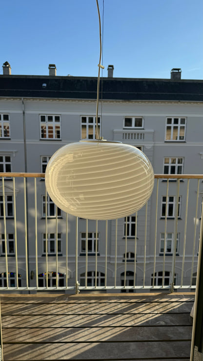 White vintage oval Murano ceiling lamp with engraving, 40 cm