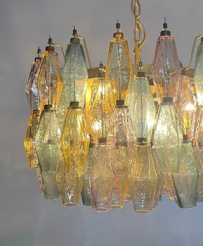 Murano lysekrone | Poliedri | 107 glas | Grøn/lyserød/gul