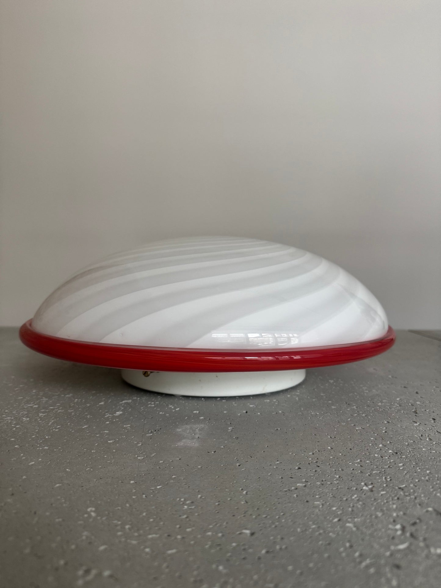 Beautiful Murano ceiling lamp with white swirl and red edge, 40 cm