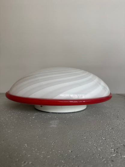 Beautiful Murano ceiling lamp with white swirl and red edge, 40 cm