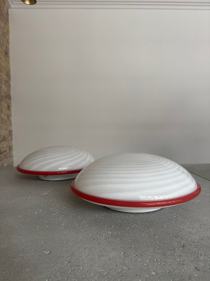 Beautiful Murano ceiling lamp with white swirl and red edge, 40 cm