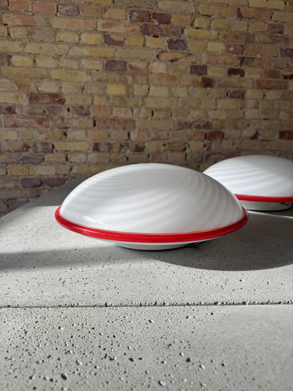 Beautiful Murano ceiling lamp with white swirl and red edge, 40 cm