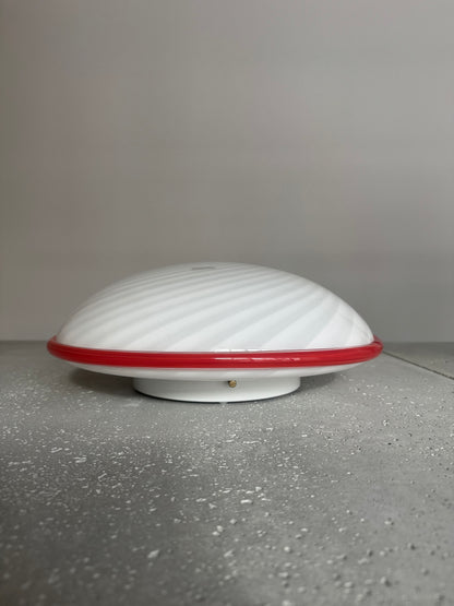 Beautiful Murano ceiling lamp with white swirl and red edge, 40 cm