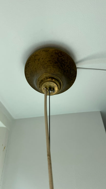 Murano round pendant with blue swirl and brass top, 40 cm