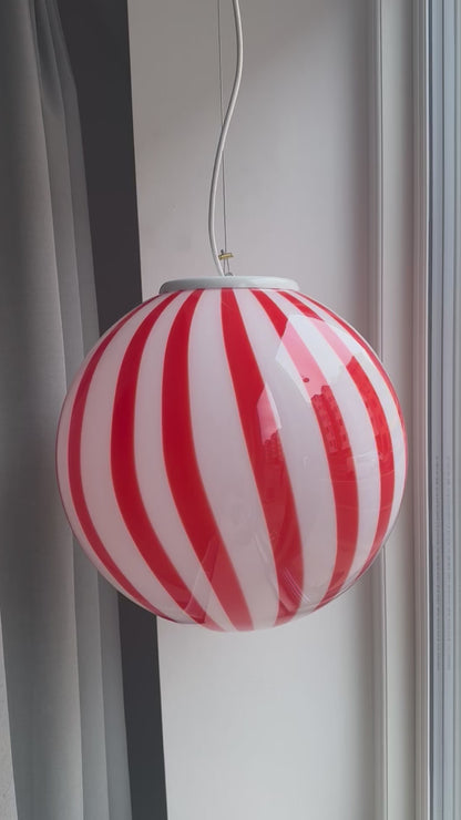 Murano round bolche pendant with red vertical bars, 40 cm